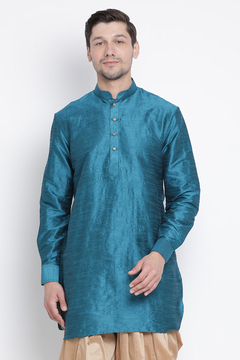 Men's Cotton Art Silk Kurta In Dark Green