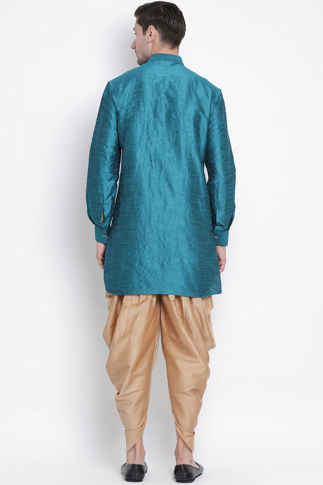 Men's Cotton Art Silk Kurta Set In Dark Green