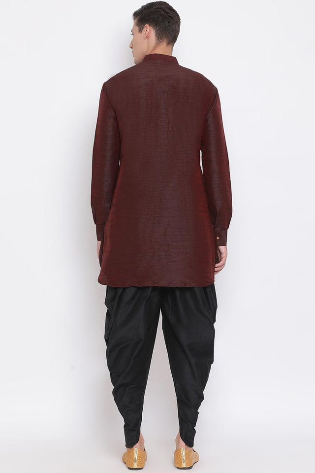 Buy Men's Wine Solid Kurta and Dhoti Set