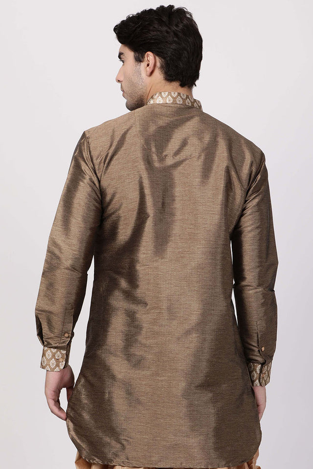 Men's Cotton Art Silk Kurta In Gold