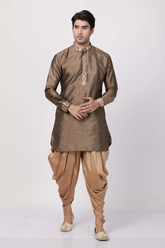 Men's Cotton Art Silk Kurta In Gold