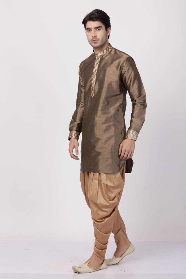 Men's Cotton Art Silk Kurta Set In Gold