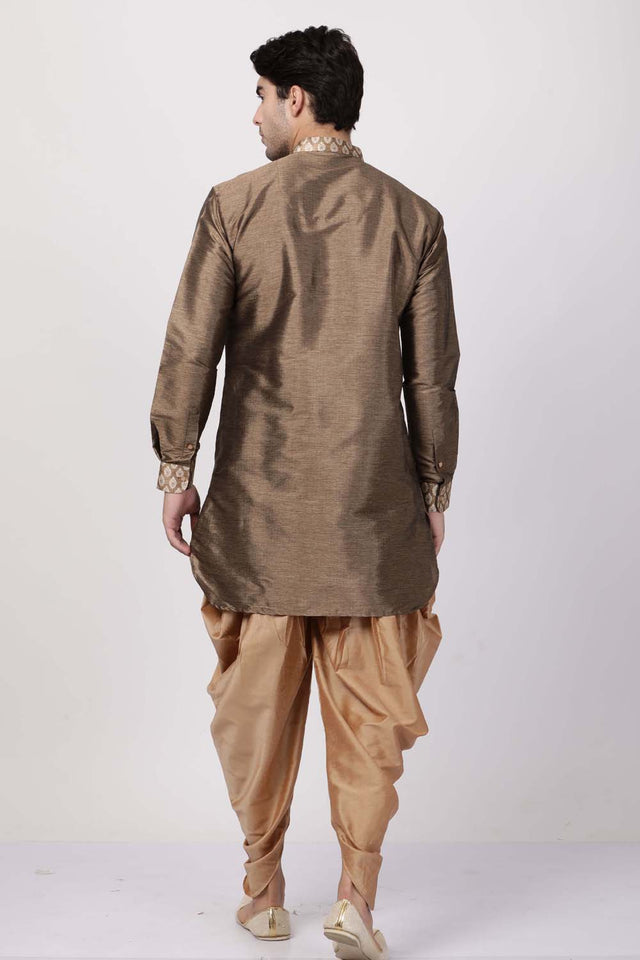 Men's Cotton Art Silk Kurta Set In Gold