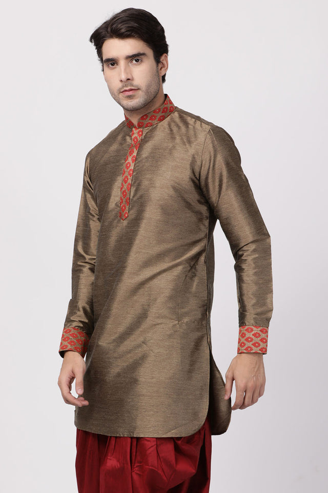 Men's Cotton Art Silk Kurta In Brown