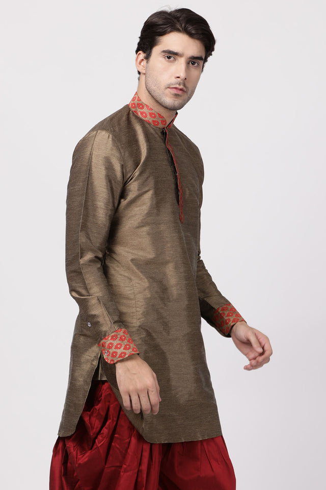 Men's Cotton Art Silk Kurta In Brown
