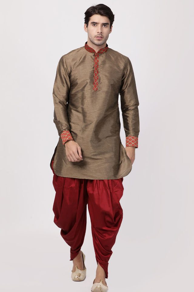 Men's Cotton Art Silk Kurta In Brown