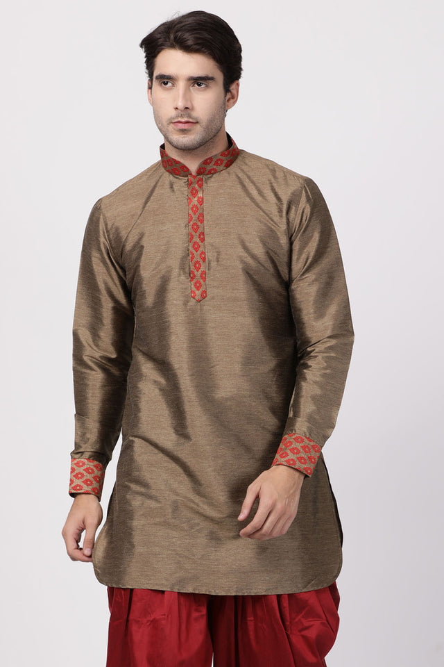 Men's Cotton Art Silk Kurta In Brown