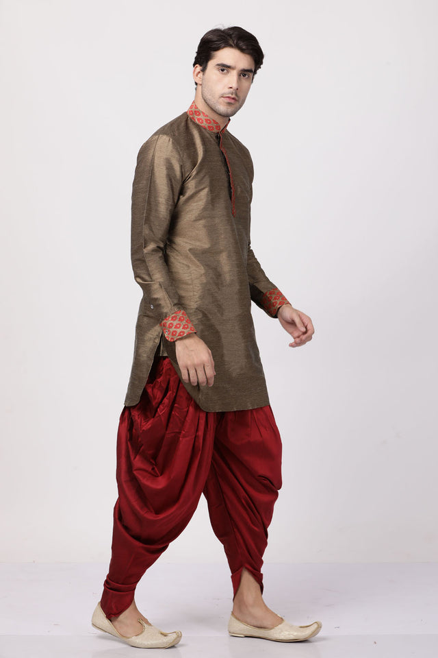 Men's Cotton Art Silk Kurta Set In Brown