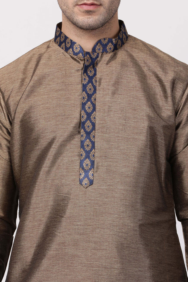 Men's Cotton Art Silk Kurta Set In Bronze