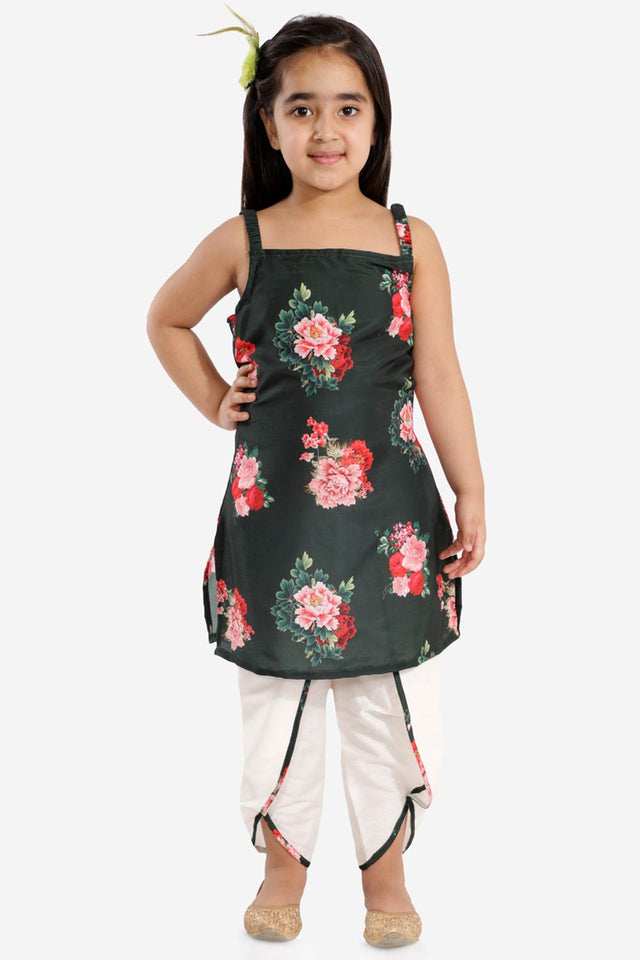 Green Boys Cotton Blend Kurta And Dhoti Set & Girls Floral Printed Cotton Silk Kurta And Tulip Pants