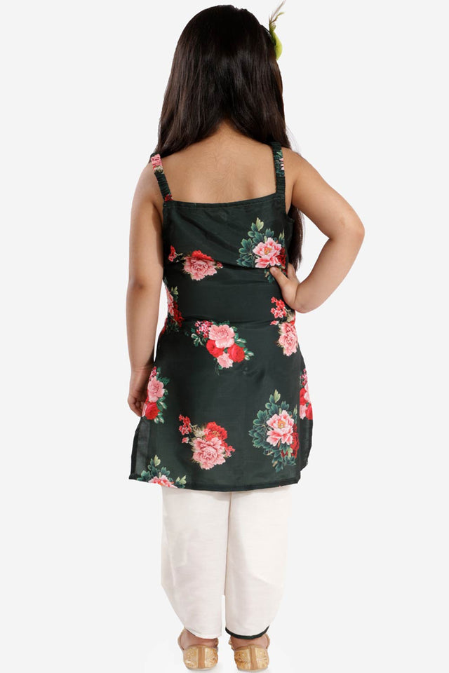Green Boys Cotton Blend Kurta And Dhoti Set & Girls Floral Printed Cotton Silk Kurta And Tulip Pants