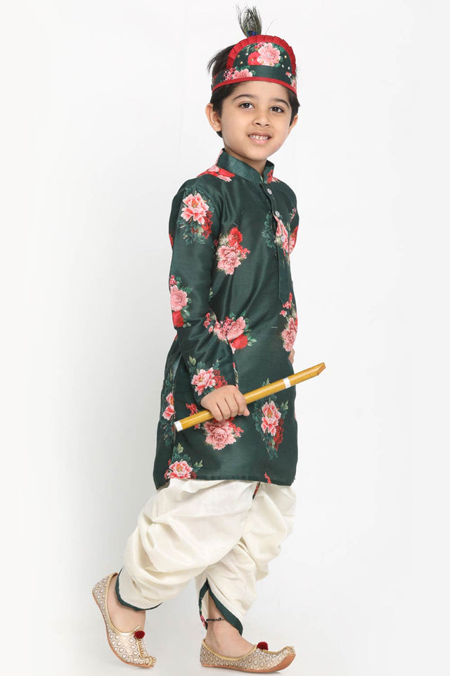 Green Boys Cotton Blend Kurta And Dhoti Set & Girls Floral Printed Cotton Silk Kurta And Tulip Pants
