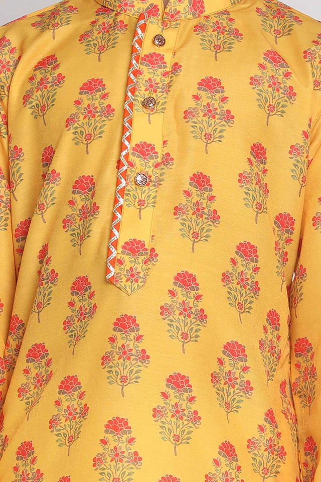 Boys Mustard And Cream Kurta Patiala Set & Girls Mustard And Cream Linen Kurta And Patiala Set