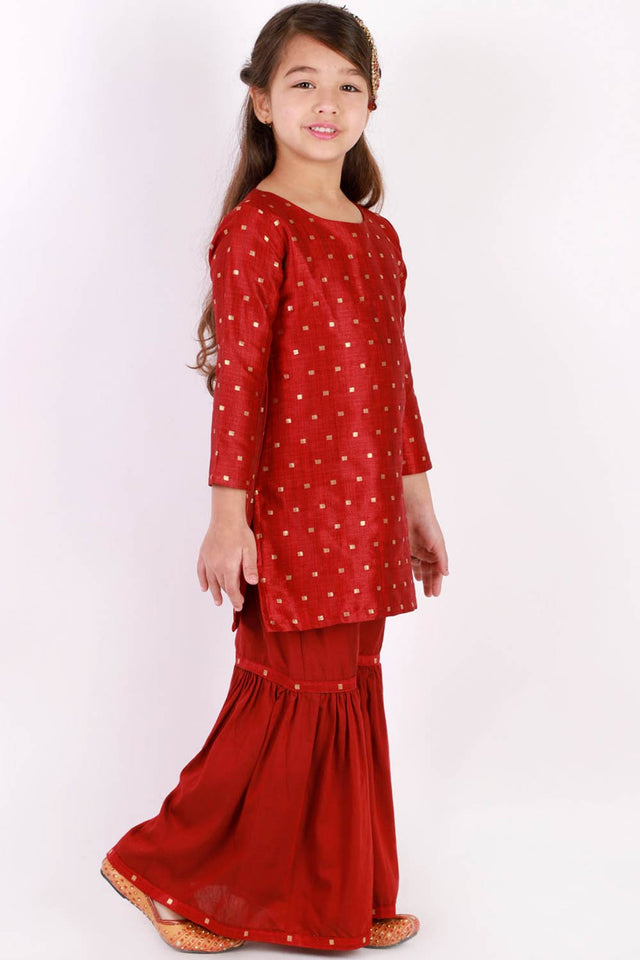 Boys Maroon And Navy Blue Silk Blend Jacket, Kurta And Pajama Set & Girls Jacquard Kurta With Sharara Set
