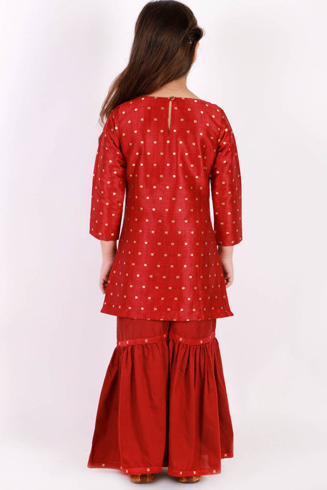 Boys Maroon And Navy Blue Silk Blend Jacket, Kurta And Pajama Set & Girls Jacquard Kurta With Sharara Set