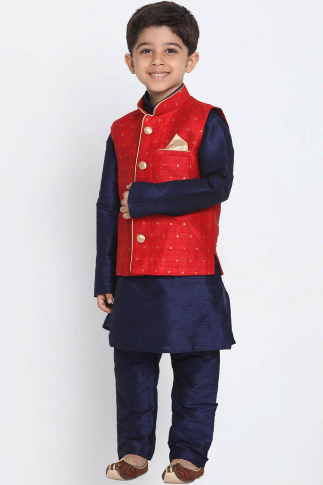 Boys Maroon And Navy Blue Silk Blend Jacket, Kurta And Pajama Set & Girls Jacquard Kurta With Sharara Set