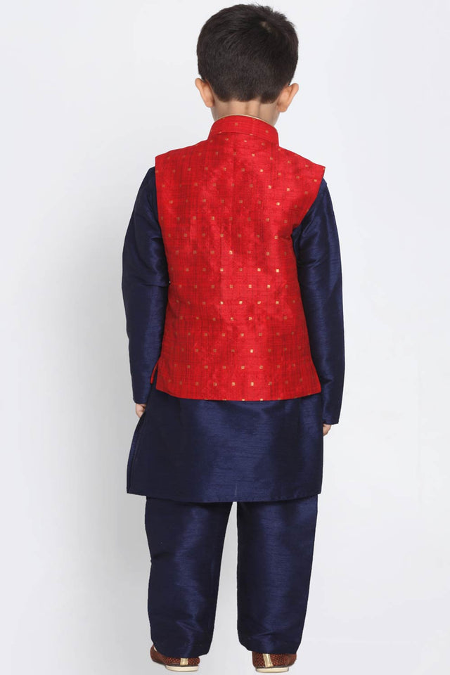 Boys Maroon And Navy Blue Silk Blend Jacket, Kurta And Pajama Set & Girls Jacquard Kurta With Sharara Set