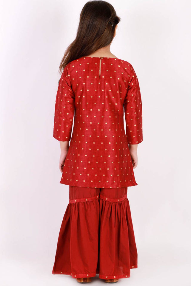 Boys Maroon And Black Silk Blend Jacket, Kurta And Dhoti Set & Girls Jacquard Kurta With Sharara Set