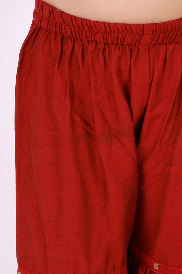 Boys Maroon And Black Silk Blend Jacket, Kurta And Dhoti Set & Girls Jacquard Kurta With Sharara Set