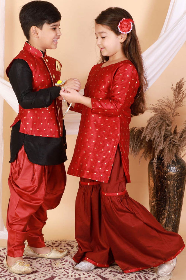Boys Maroon And Black Silk Blend Jacket, Kurta And Dhoti Set & Girls Jacquard Kurta With Sharara Set