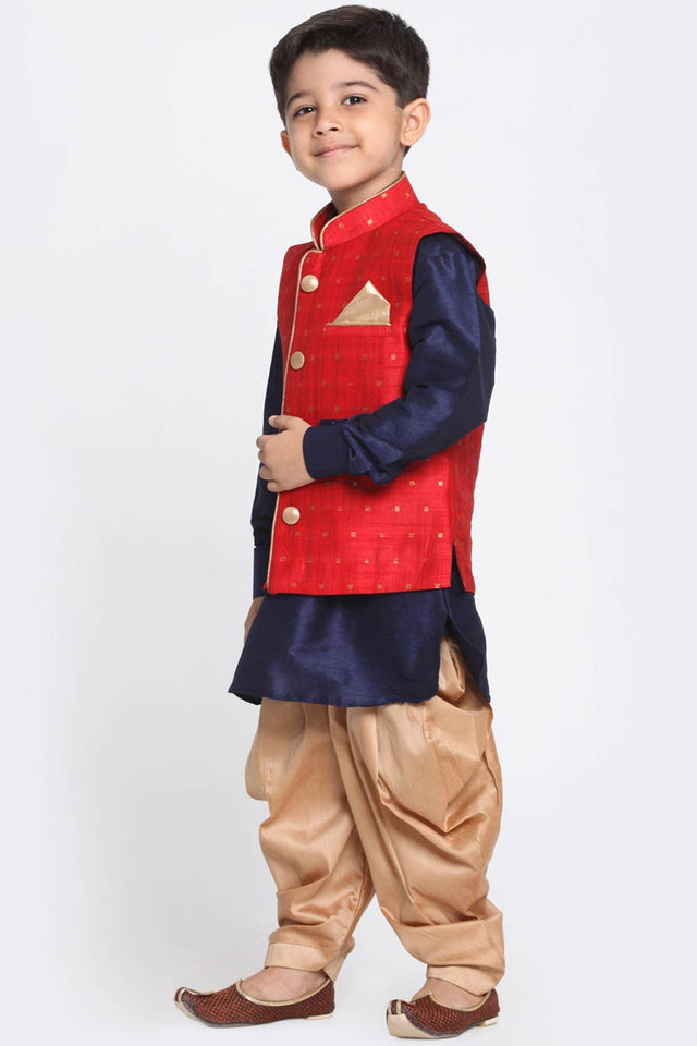Boys Maroon, Navy Blue And Gold Silk Blend Jacket, Kurta And Dhoti Set & Girls Jacquard Kurta With Sharara Set