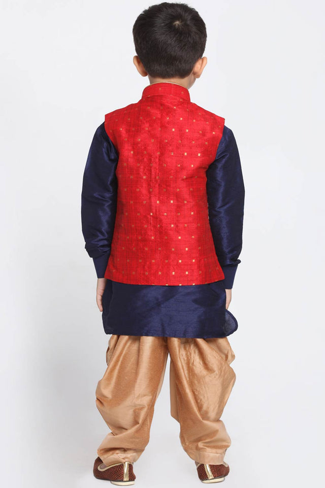 Boys Maroon, Navy Blue And Gold Silk Blend Jacket, Kurta And Dhoti Set & Girls Jacquard Kurta With Sharara Set