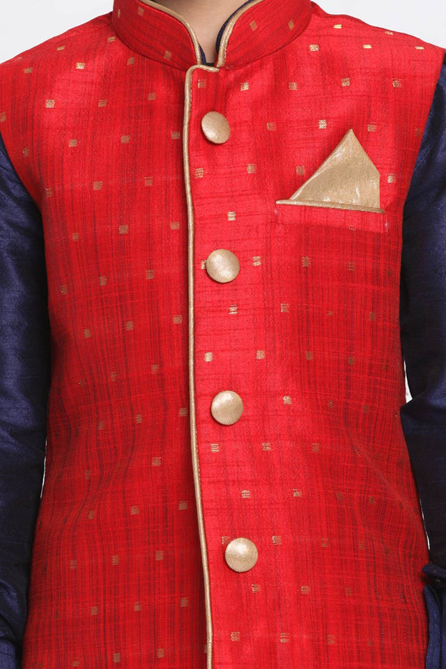 Boys Maroon, Navy Blue And Gold Silk Blend Jacket, Kurta And Dhoti Set & Girls Jacquard Kurta With Sharara Set