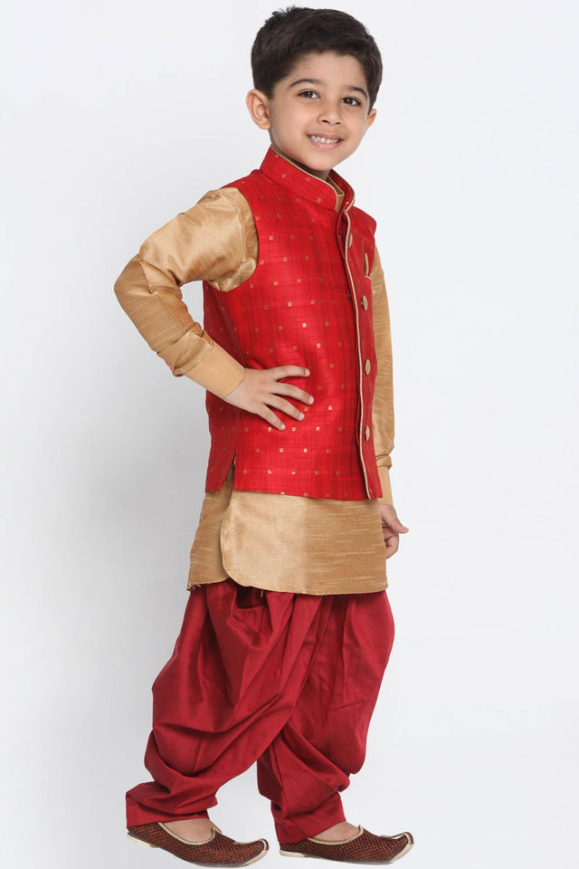 Boys Maroon And Gold Silk Blend Jacket, Kurta And Dhoti Set & Girls Jacquard Kurta With Sharara Set
