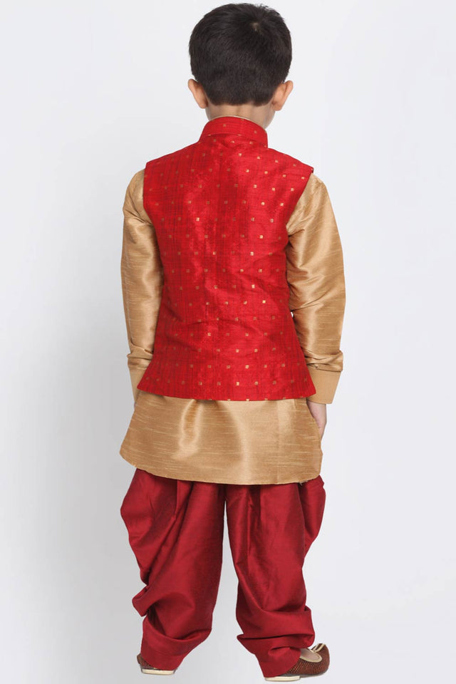 Boys Maroon And Gold Silk Blend Jacket, Kurta And Dhoti Set & Girls Jacquard Kurta With Sharara Set