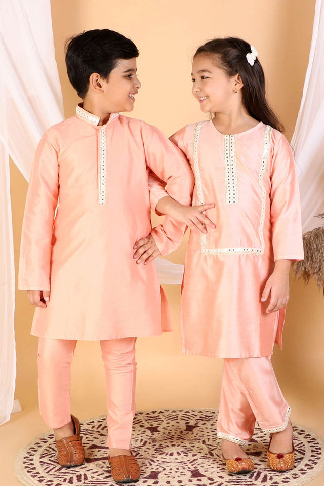 Boys Pink Kurta And Pajama & Girls Mirror Work Viscose Kurta And Pant Set
