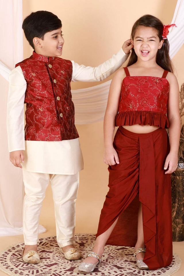 Boys Maroon And Cream Jacket, Kurta And Pajama Set & Girls Maroon Lehenga Set