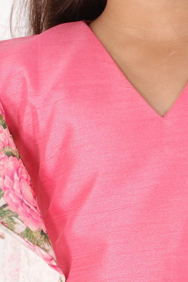 Boys Floral Printed Jacket, Kurta And Pajama Set & Girls Printed Silk Blend Ruffled Crop Top And Skirt Set