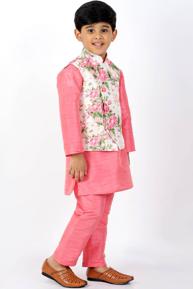 Boys Floral Printed Jacket, Kurta And Pajama Set & Girls Printed Silk Blend Ruffled Crop Top And Skirt Set
