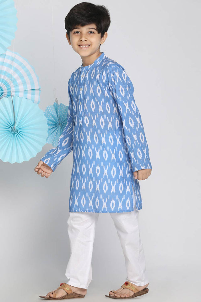 Boys Aqua Blue And White Ikkat Kurta Pajama Set & Girls Aqua Blue Kurta And Pant Set