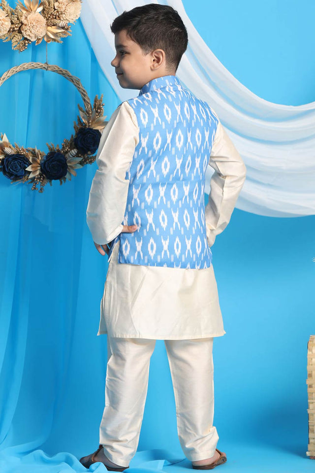 Boys Aqua And Cream Jacket, Kurta And Pajama Set & Girls Aqua Blue Kurta And Pant Set