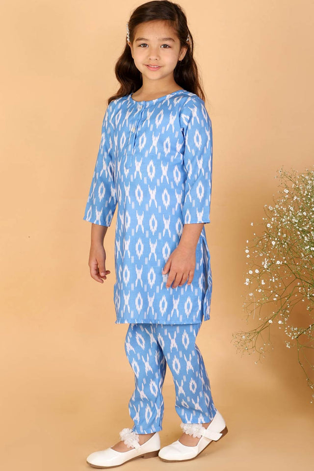 Boys Aqua And White Jacket, Kurta And Pajama Set & Girls Aqua Blue Kurta And Pant Set