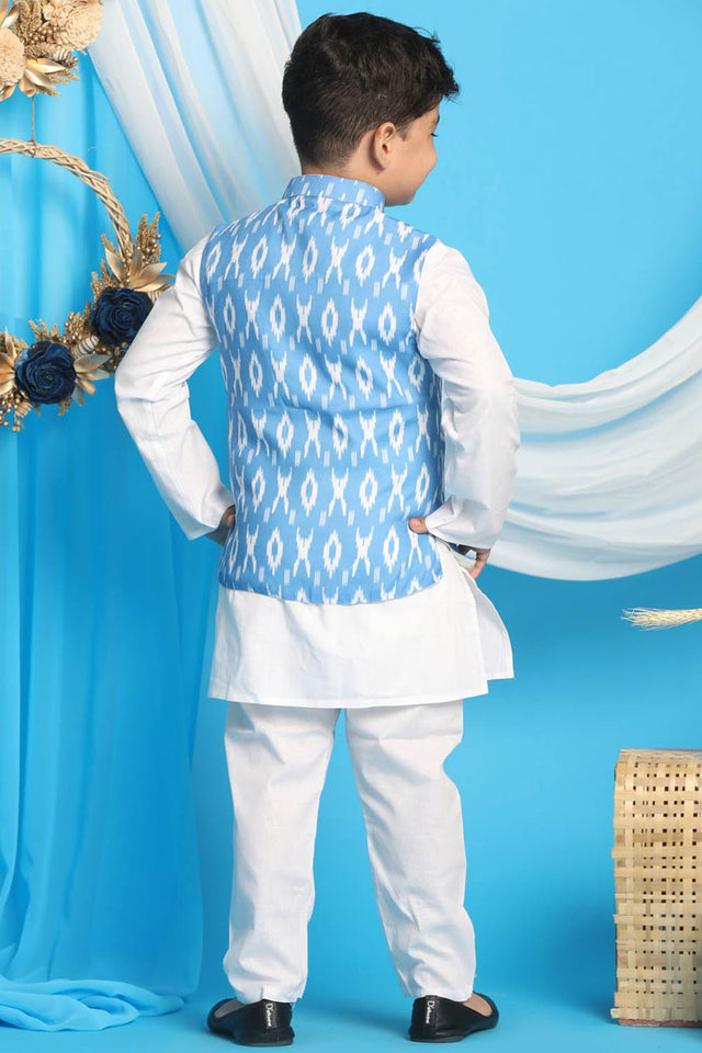 Boys Aqua And White Jacket, Kurta And Pajama Set & Girls Aqua Blue Kurta And Pant Set