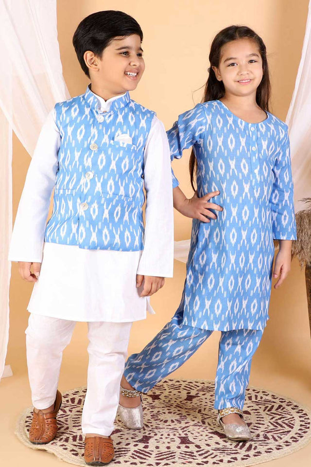 Boys Aqua And White Jacket, Kurta And Pajama Set & Girls Aqua Blue Kurta And Pant Set