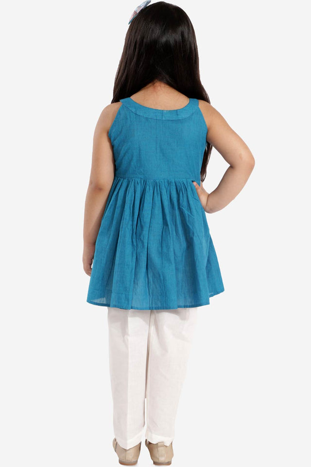 Boys Azure And White Pure Cotton Kurta Pajama Set & Girls Cotton Kurta And Straight Pant Set