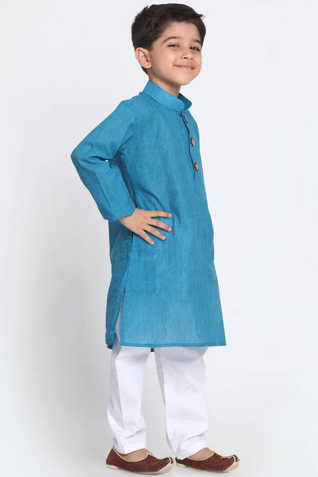 Boys Azure And White Pure Cotton Kurta Pajama Set & Girls Cotton Kurta And Straight Pant Set