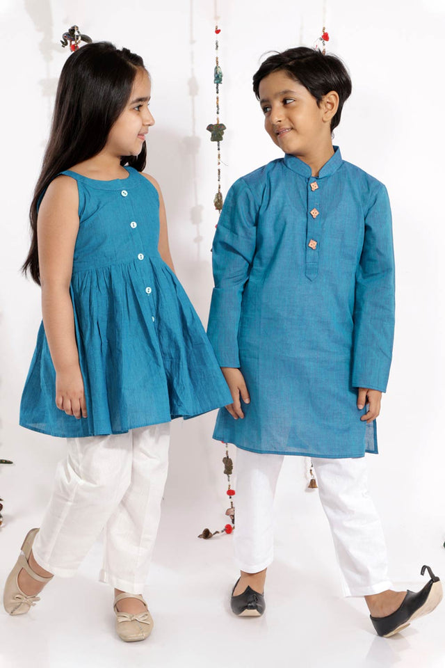 Boys Azure And White Pure Cotton Kurta Pajama Set & Girls Cotton Kurta And Straight Pant Set