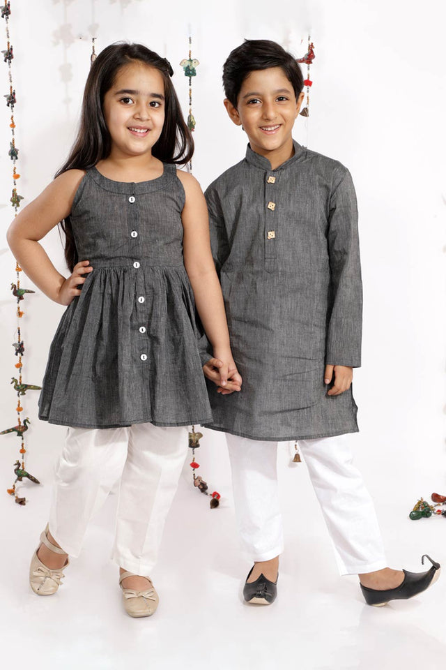 Boys Black And White Pure Cotton Kurta Pajama Set & Girls Cotton Kurta And Straight Pant Set