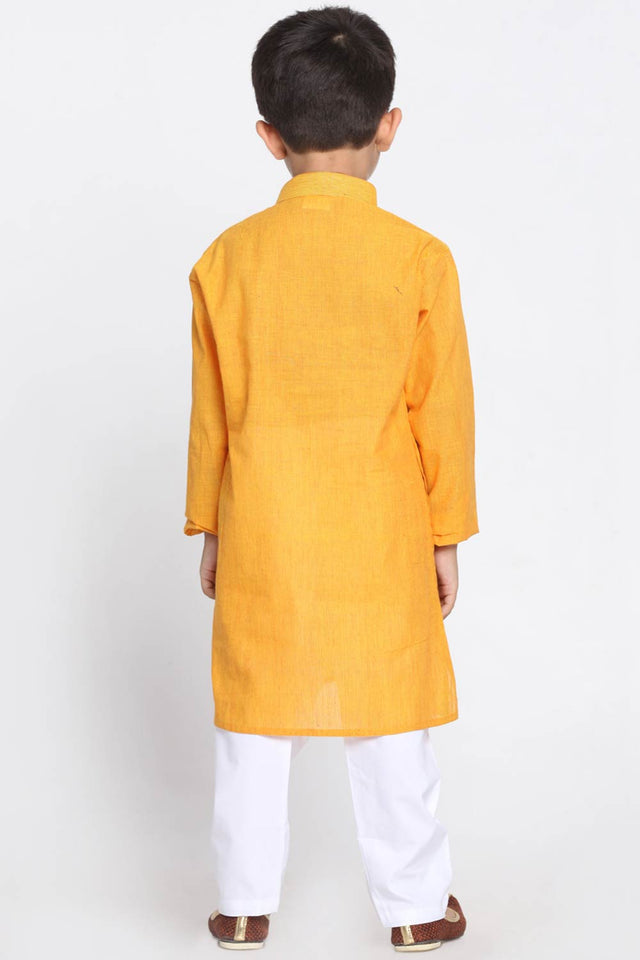 Boys Yellow And White Pure Cotton Kurta Pajama Set & Girls Cotton Kurta And Straight Pant Set