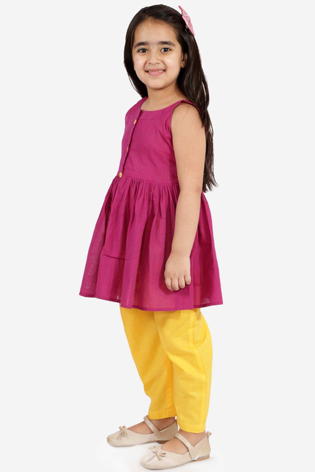 Boys Purple And White Pure Cotton Kurta Pajama Set & Girls Cotton Kurta And Straight Pant Set