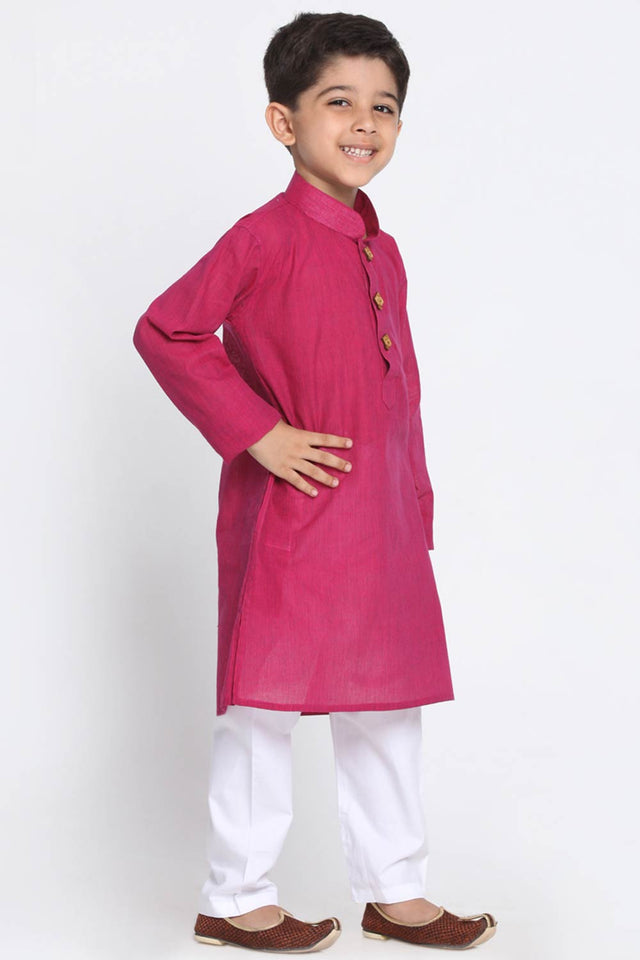 Boys Purple And White Pure Cotton Kurta Pajama Set & Girls Cotton Kurta And Straight Pant Set