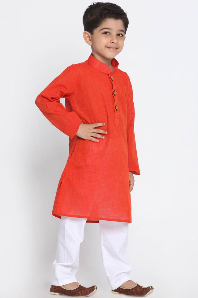 Boys Red And White Pure Cotton Kurta Pajama Set & Girls Handloom Cotton Kurta And Straight Pant Set