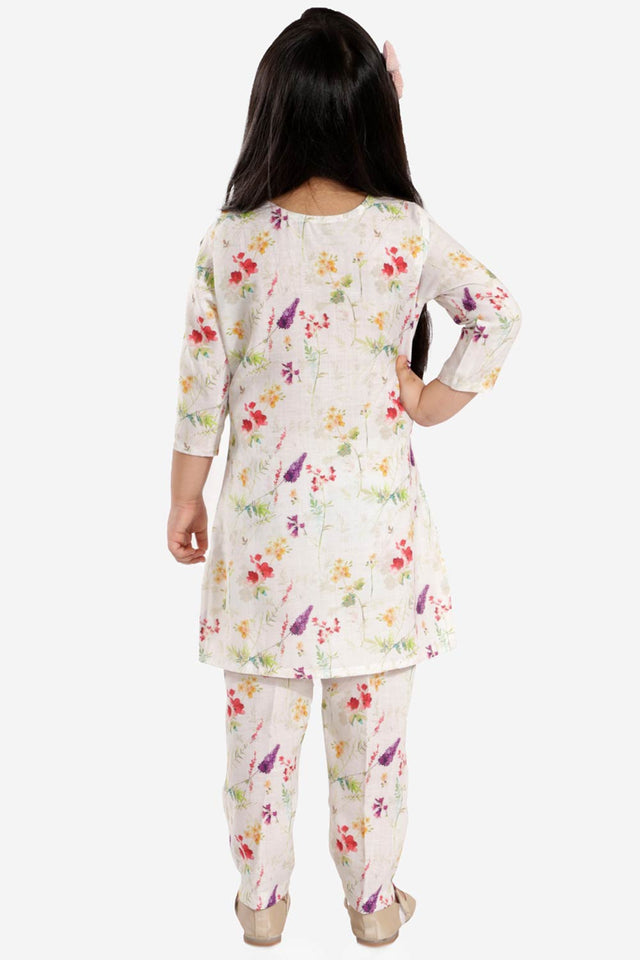 Boys Multicolor-Cream Cotton Blend Kurta Pajama Set & Girls Printed Floral Linen Kurta And Straight Pant Set