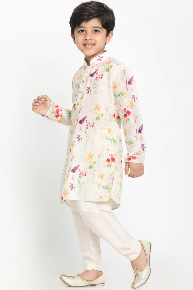 Boys Multicolor-Cream Cotton Blend Kurta Pajama Set & Girls Printed Floral Linen Kurta And Straight Pant Set