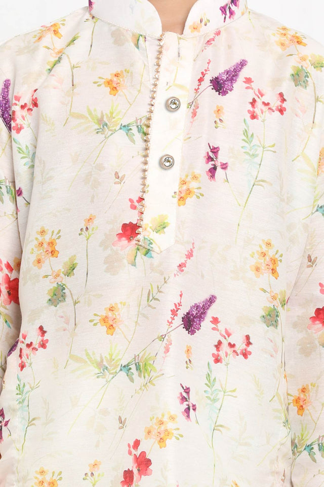 Boys Multicolor-Cream Cotton Blend Kurta Pajama Set & Girls Printed Floral Linen Kurta And Straight Pant Set