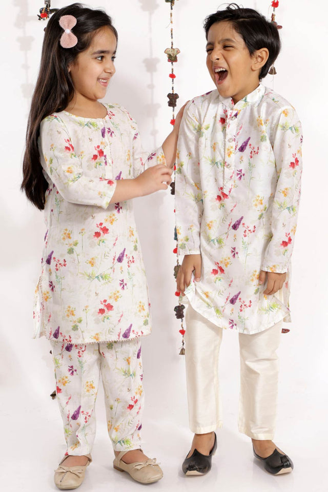 Boys Multicolor-Cream Cotton Blend Kurta Pajama Set & Girls Printed Floral Linen Kurta And Straight Pant Set